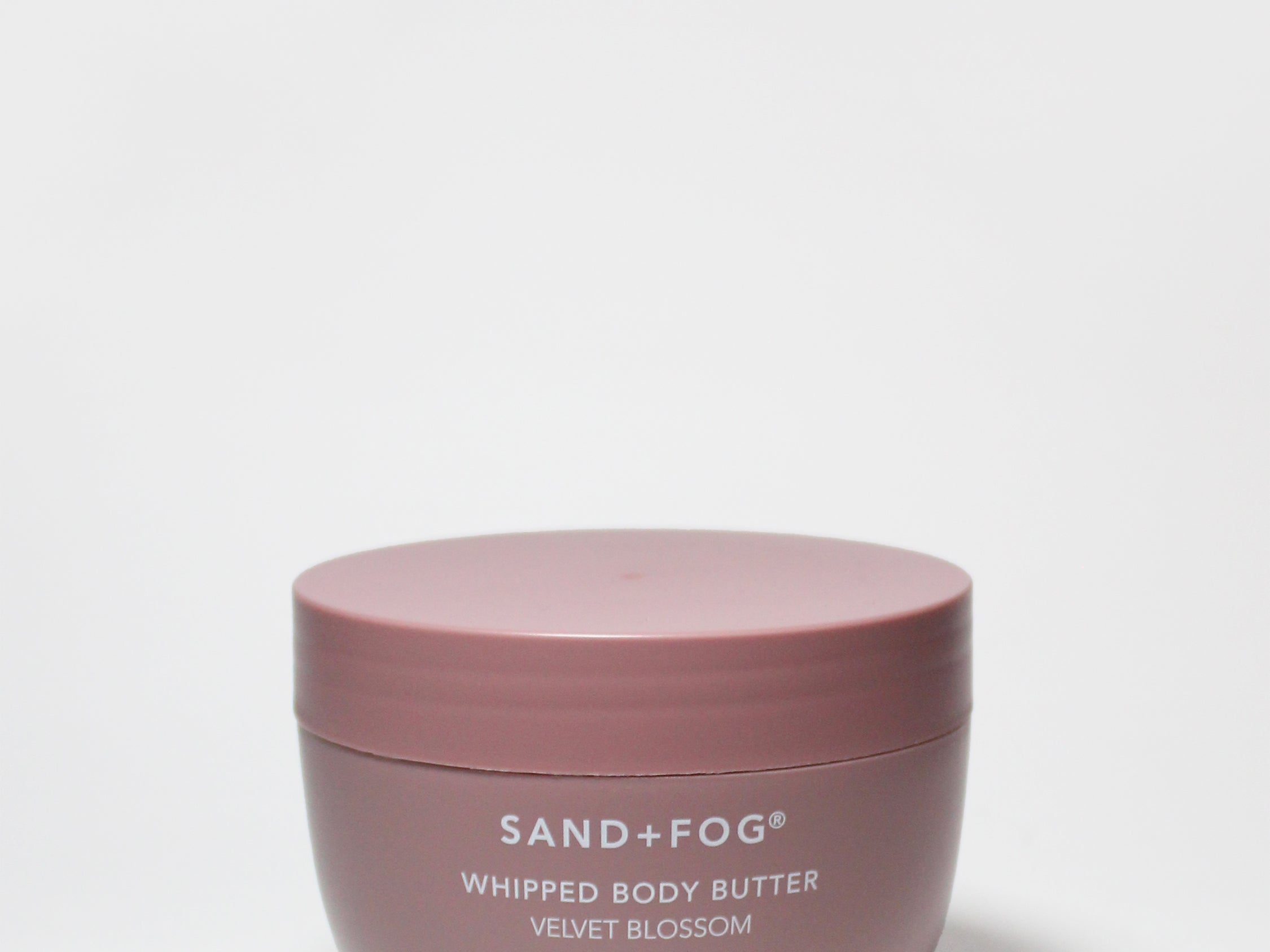 SAND+FOG whipped body butter jar, Velvet Blossom, pink-lilac round container