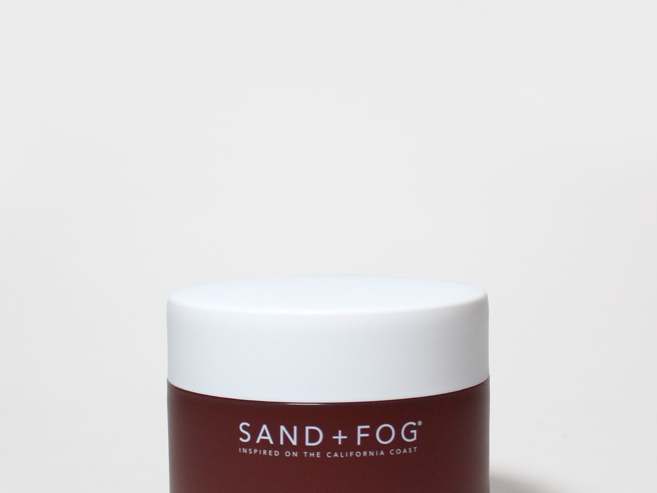 SAND+FOG body scrub jar, brown cream with white lid, 'Cherry Oud' 12.7 oz
