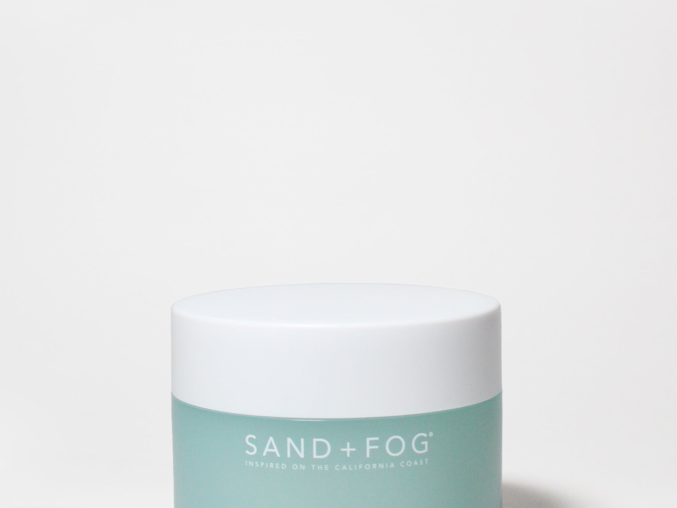 SAND+FOG Ocean Mist body scrub jar, 12.7 oz, white and aqua label