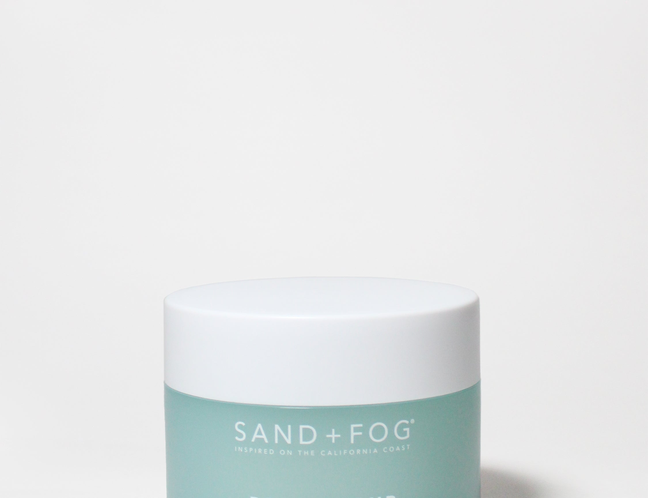 SAND+FOG Ocean Mist body scrub jar, 12.7 oz, white and aqua label