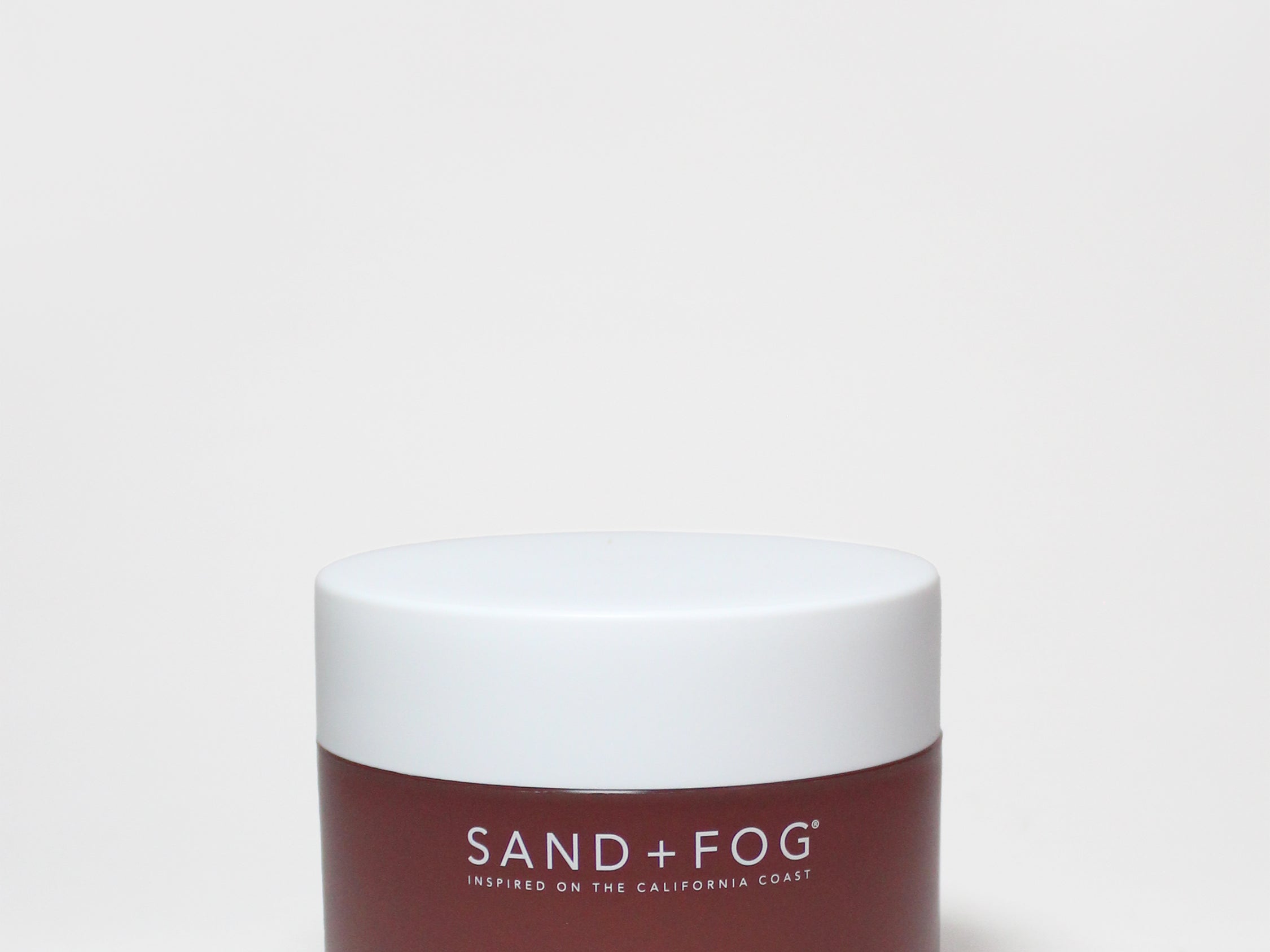SANDFOG body scrub jar with velvet blossom scent, 12.7 oz; dark brown container, white lid
