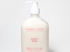 10.1 oz Sweet Rose body lotion bottle with white pump; off-white bottle, pink label