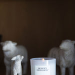 Vanilla Sandalwood scented candle in white glass jar with label and warm flame