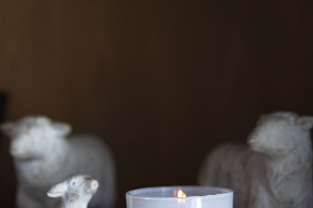 Vanilla Sandalwood scented candle in white glass jar with label and warm flame