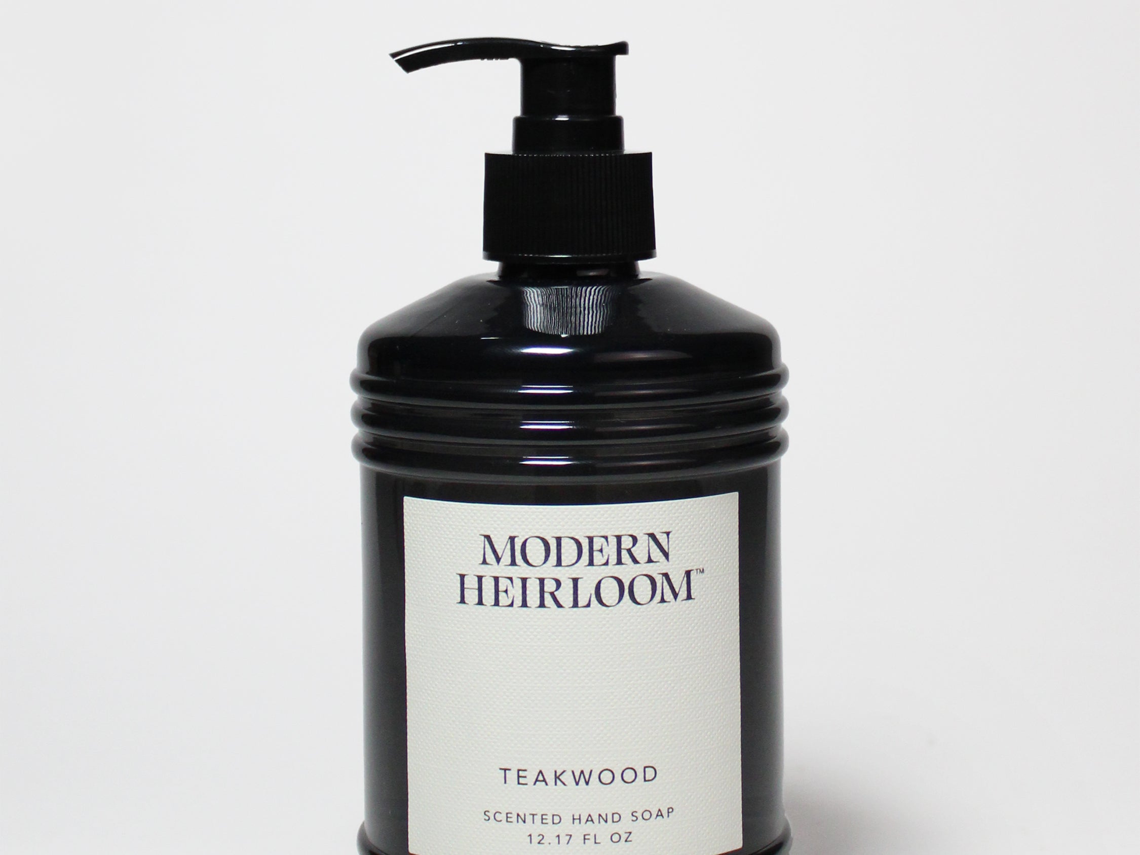 Black liquid hand soap bottle with pump, Modern Heirloom Teakwood label