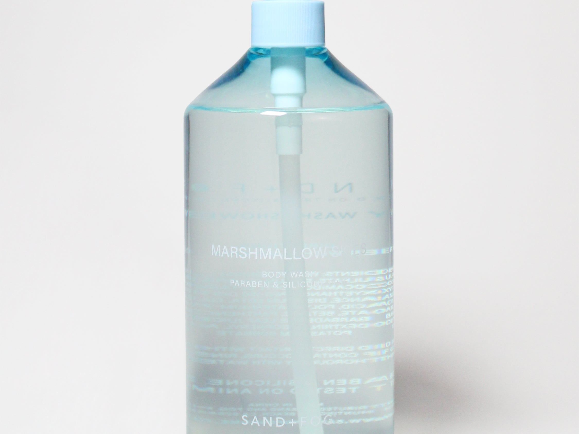 32 oz body wash bottle with blue translucent liquid and white pump