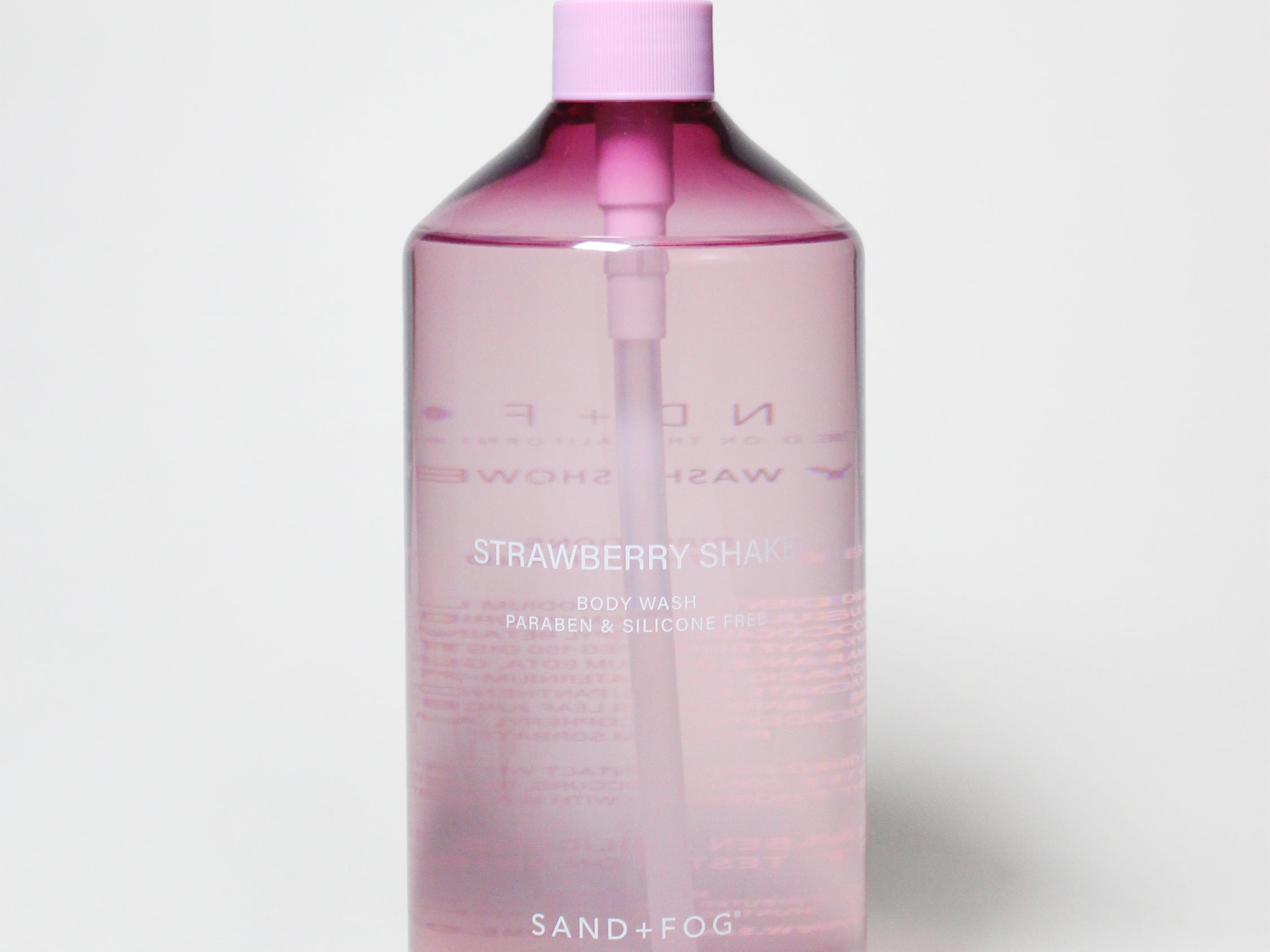 32 oz strawberry body wash in clear pink bottle with pink pump dispenser