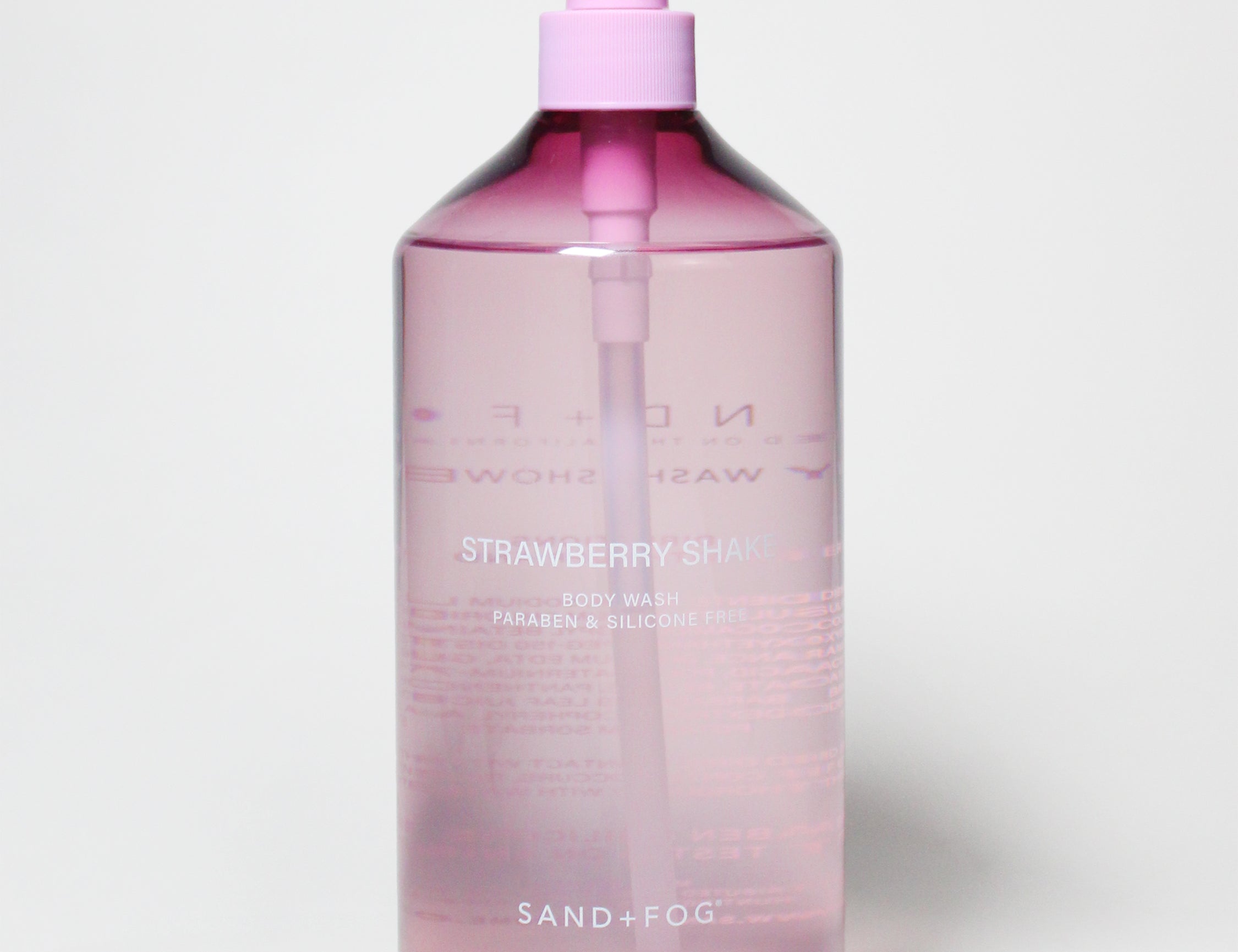 32 oz strawberry body wash in clear pink bottle with pink pump dispenser