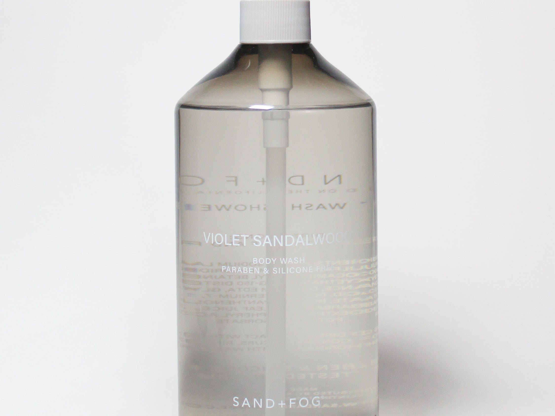 Clear body wash bottle with white pump; violet sandalwood scent, 32 oz