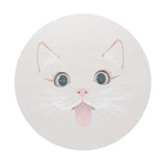 Crisp white candle lid with white cat face illustration and Sand + Paws branding