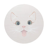Crisp white candle lid with white cat face illustration and Sand + Paws branding