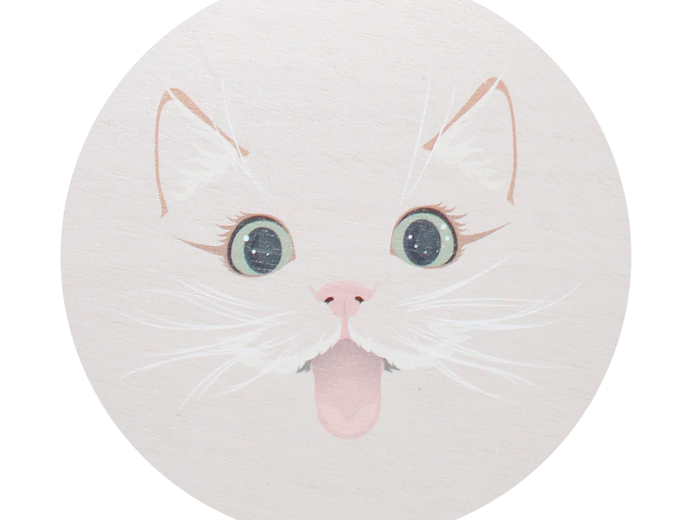 Crisp white candle lid with white cat face illustration and Sand + Paws branding