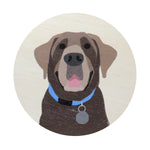 Round candle lid with illustrated dog face graphic and pink tongue