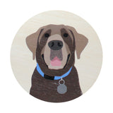 Round candle lid with illustrated dog face graphic and pink tongue