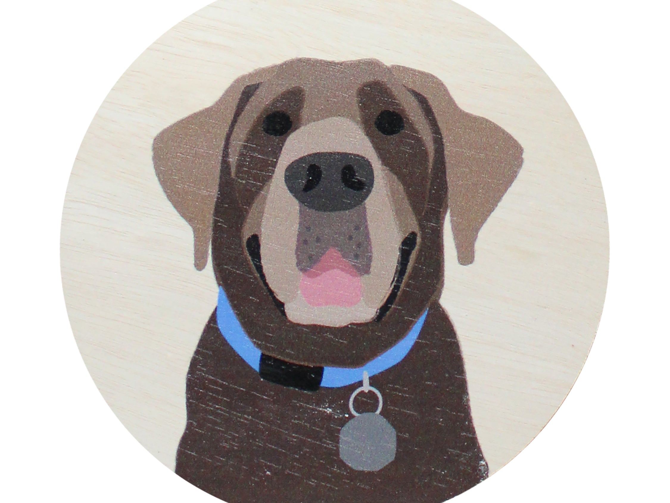 Round candle lid with illustrated dog face graphic and pink tongue