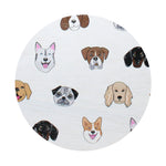 Round candle lid with scattered dog and cat face illustrations on white