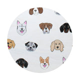 Round candle lid with scattered dog and cat face illustrations on white