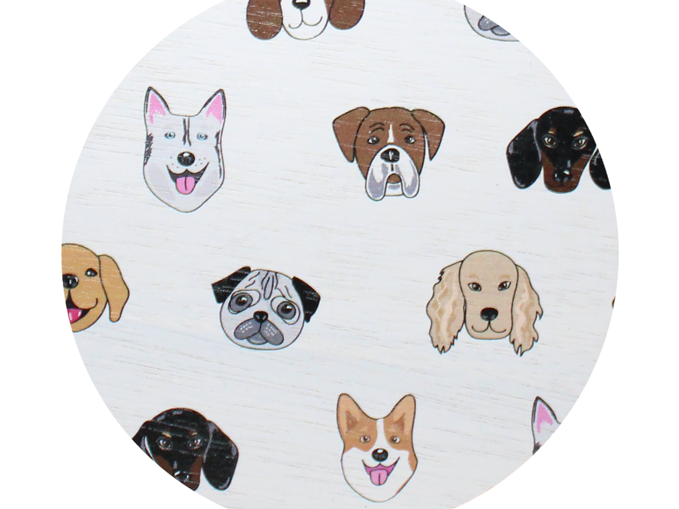 Round candle lid with scattered dog and cat face illustrations on white