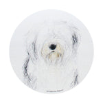 Scented candle lid with white dog portrait illustration, black nose and whiskers