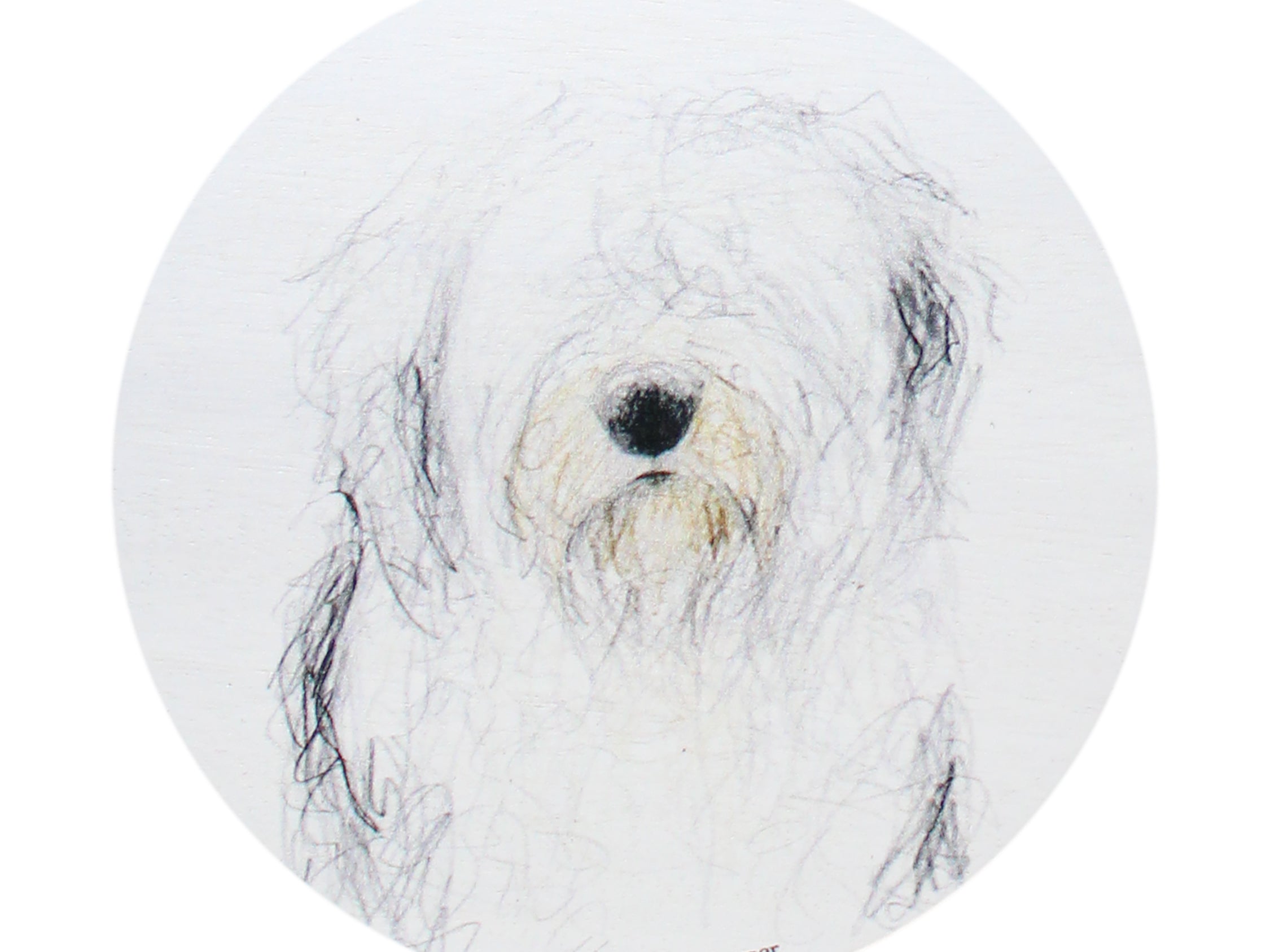 Scented candle lid with white dog portrait illustration, black nose and whiskers