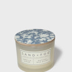 SAND + FOG scented candle, vanilla sugar, cream jar, blue floral lid.