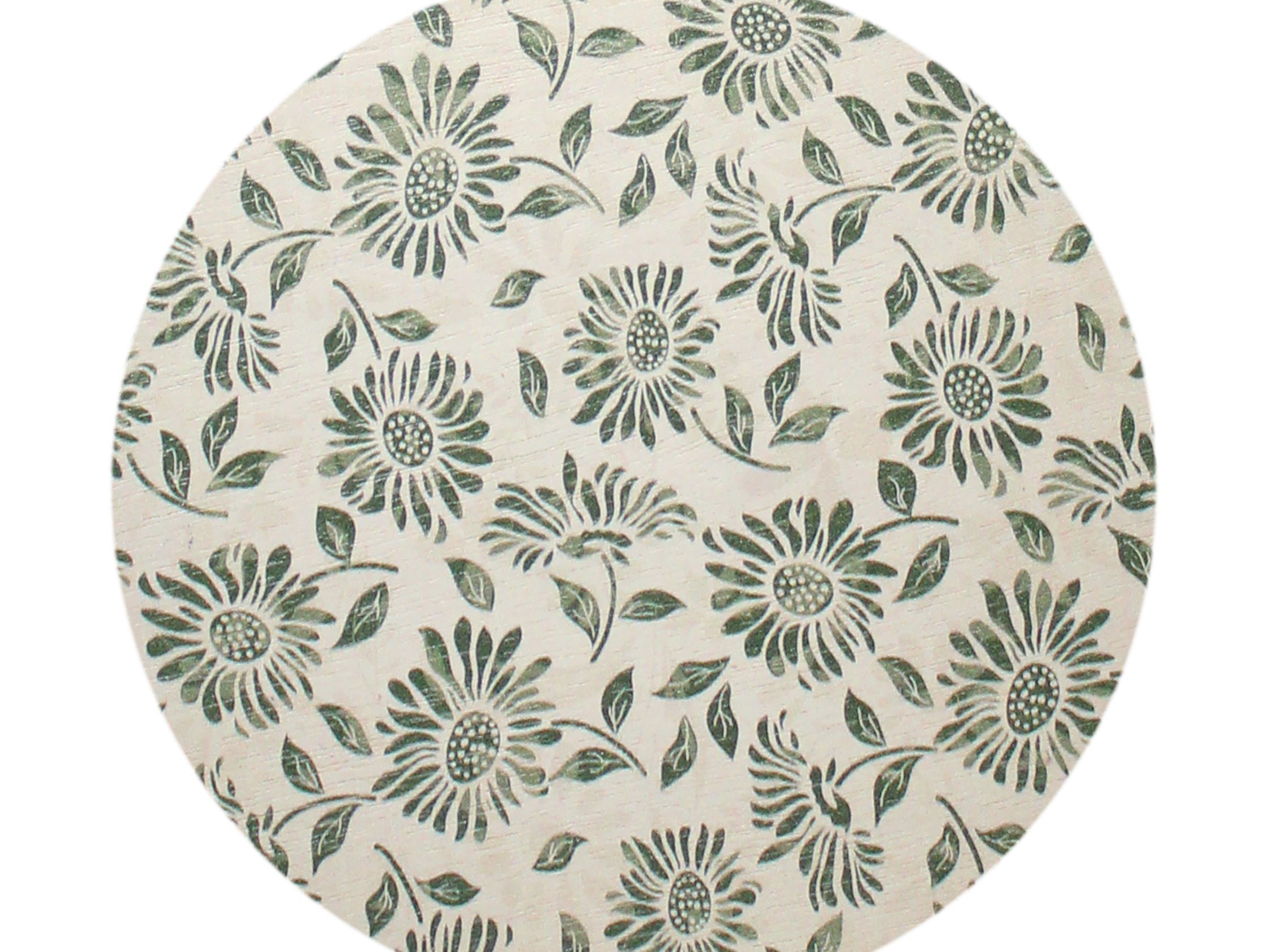 Scented candle lid with green floral print on a cream circular top