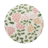 Decorative round candle top with illustrated pink flowers and green leaves