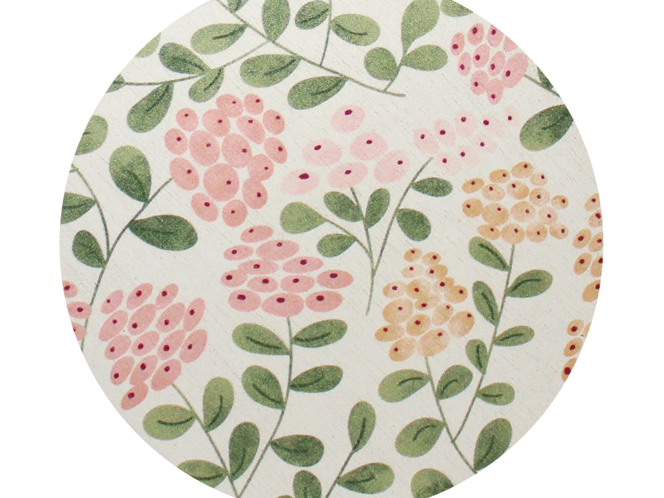 Decorative round candle top with illustrated pink flowers and green leaves