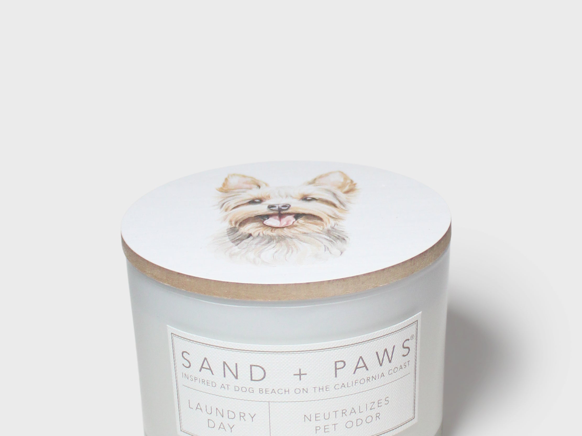 Sand + Paws scented candle in white glass jar with label and cream lid topper