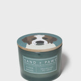 Scented candle in dark teal glass jar with "Sand + Paws" dog graphic lid