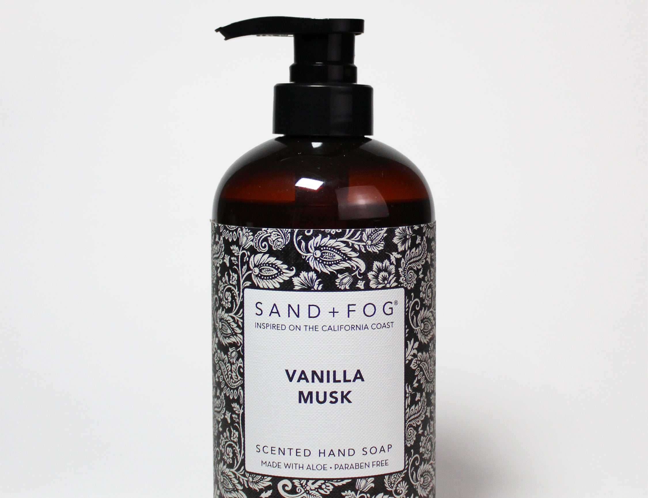 Liquid hand soap bottle with black pump, amber liquid, Vanilla Musk label