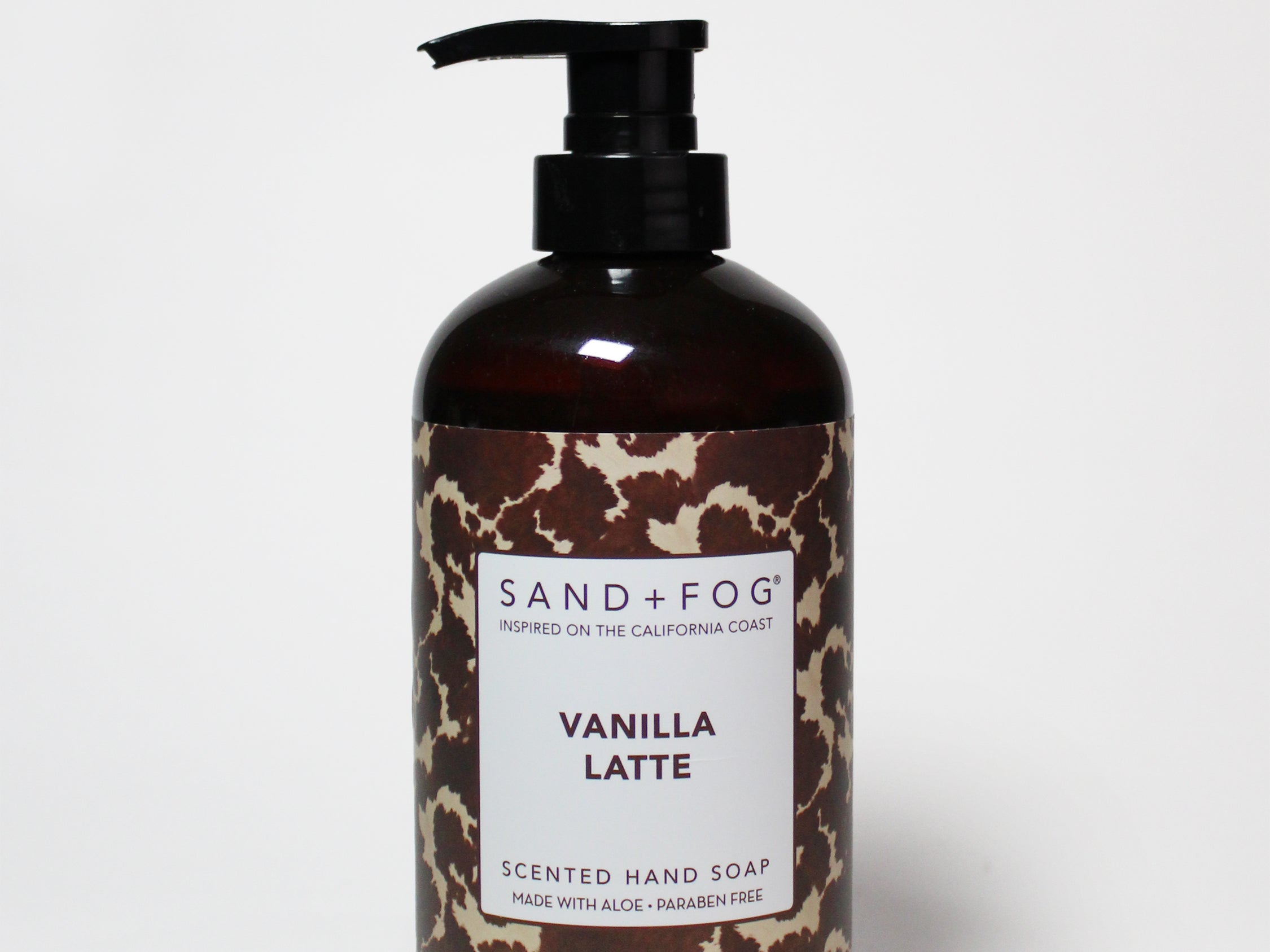 Vanilla latte scented liquid hand soap bottle, dark amber with black pump and brown label