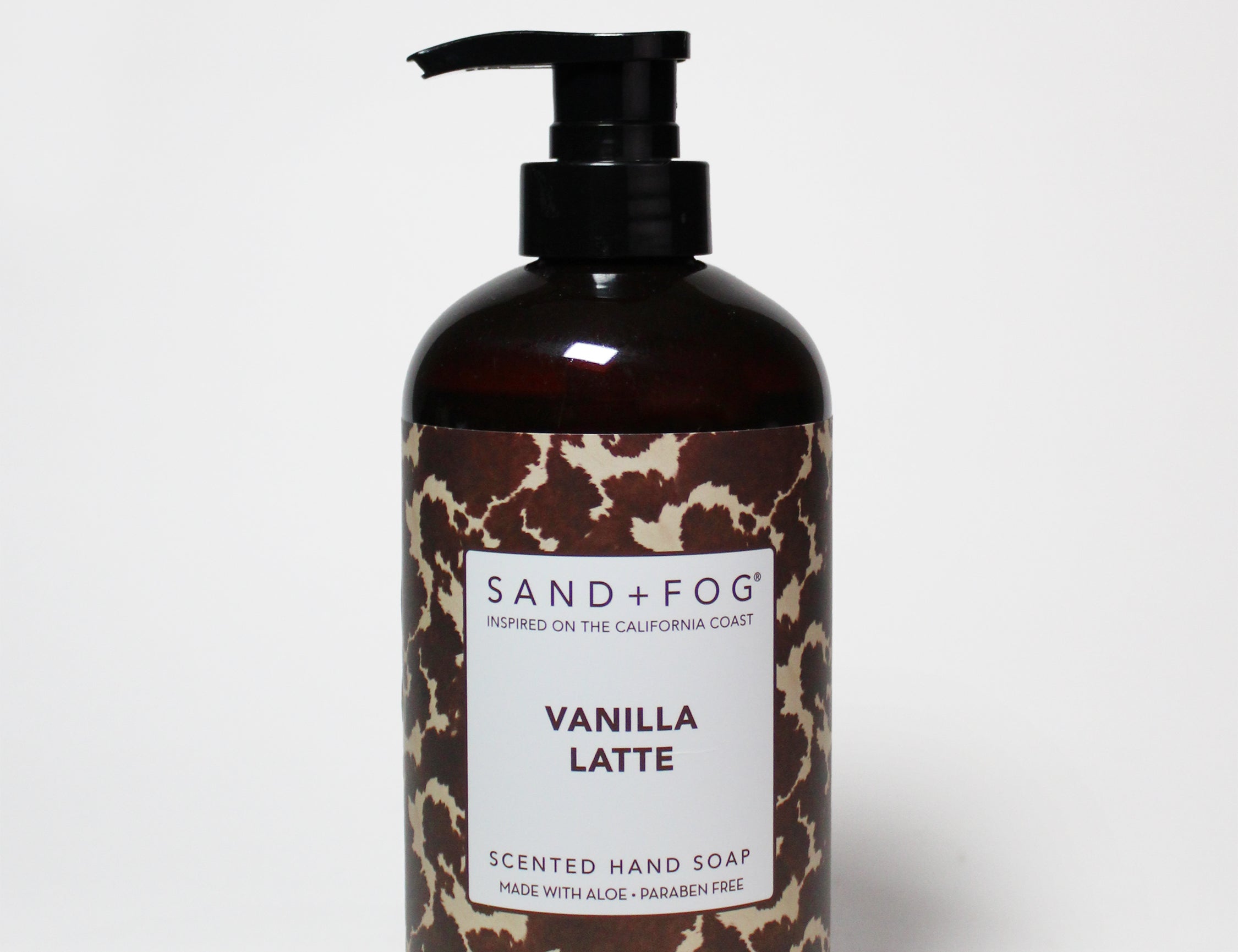 Vanilla latte scented liquid hand soap bottle, dark amber with black pump and brown label