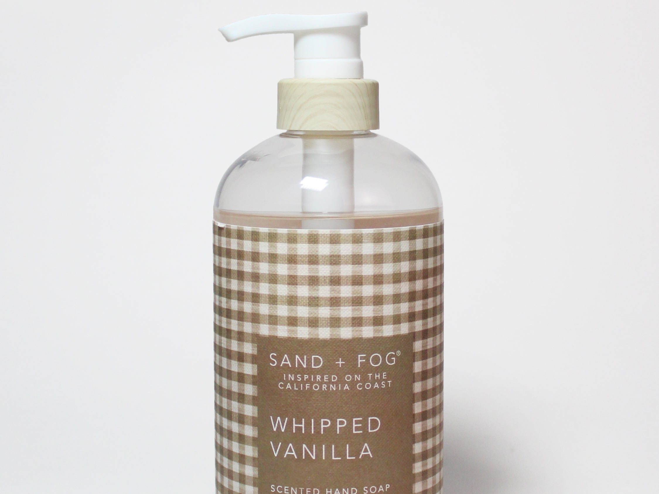 Liquid hand soap bottle with white pump; whipped vanilla scented, beige check label
