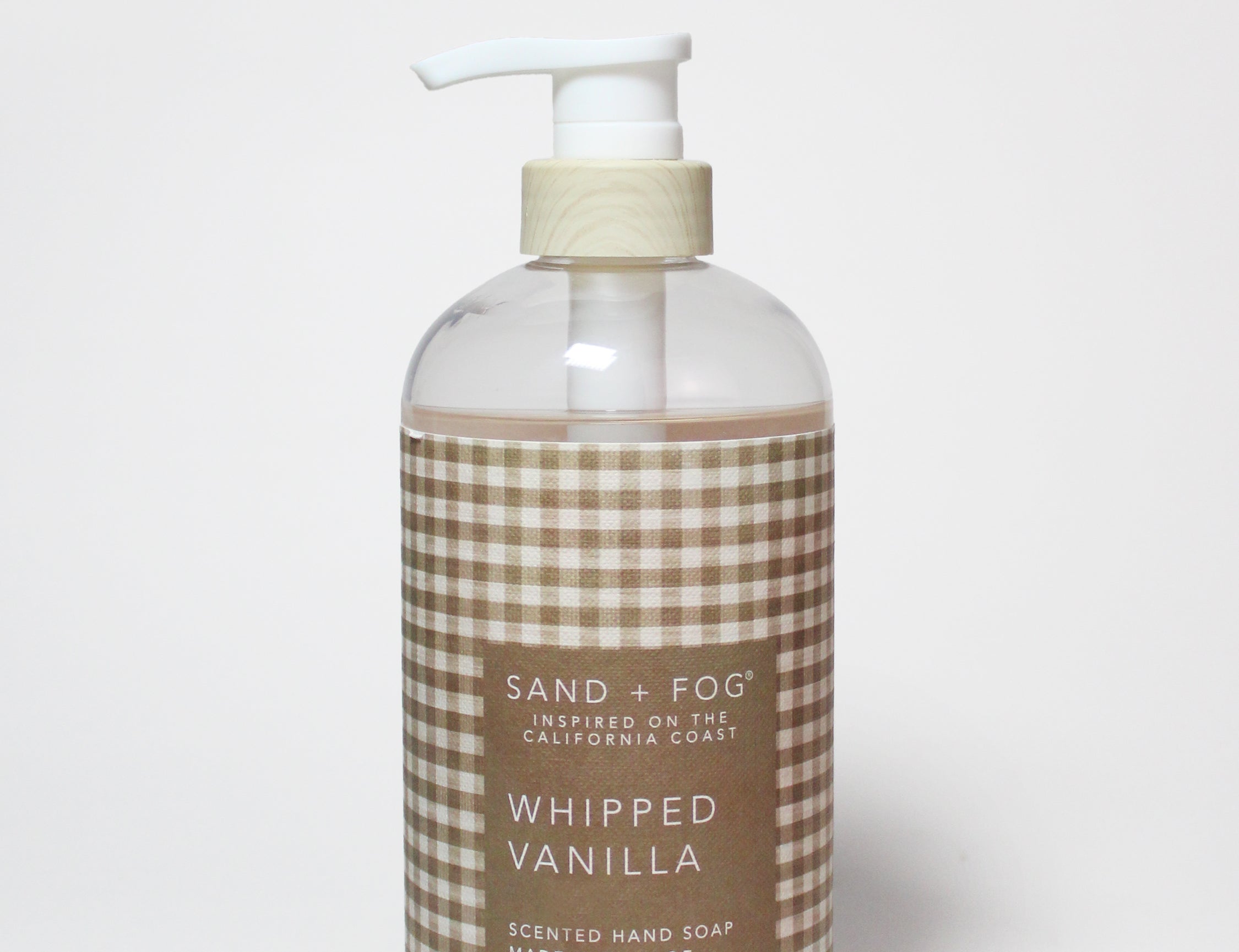 Liquid hand soap bottle with white pump; whipped vanilla scented, beige check label