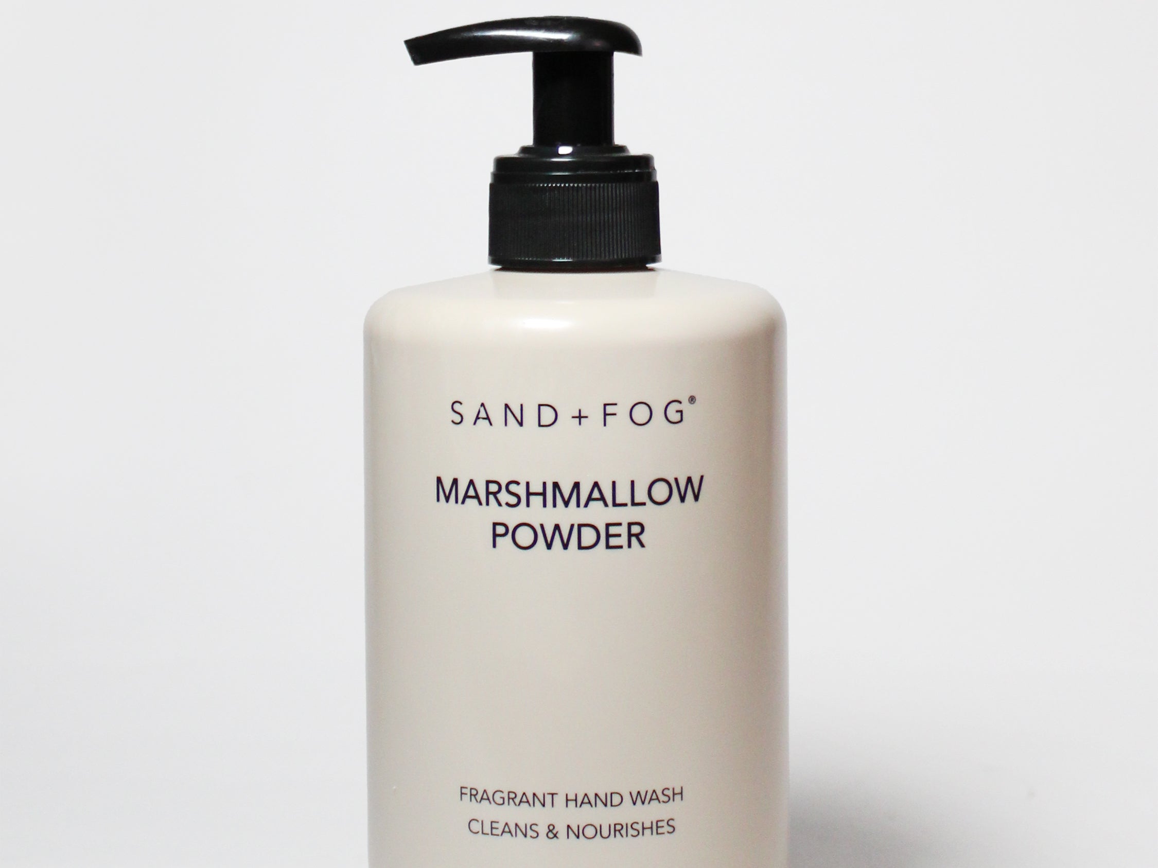 Liquid hand soap bottle, white with black pump, Marshmallow Powder scent by SAND+FOG