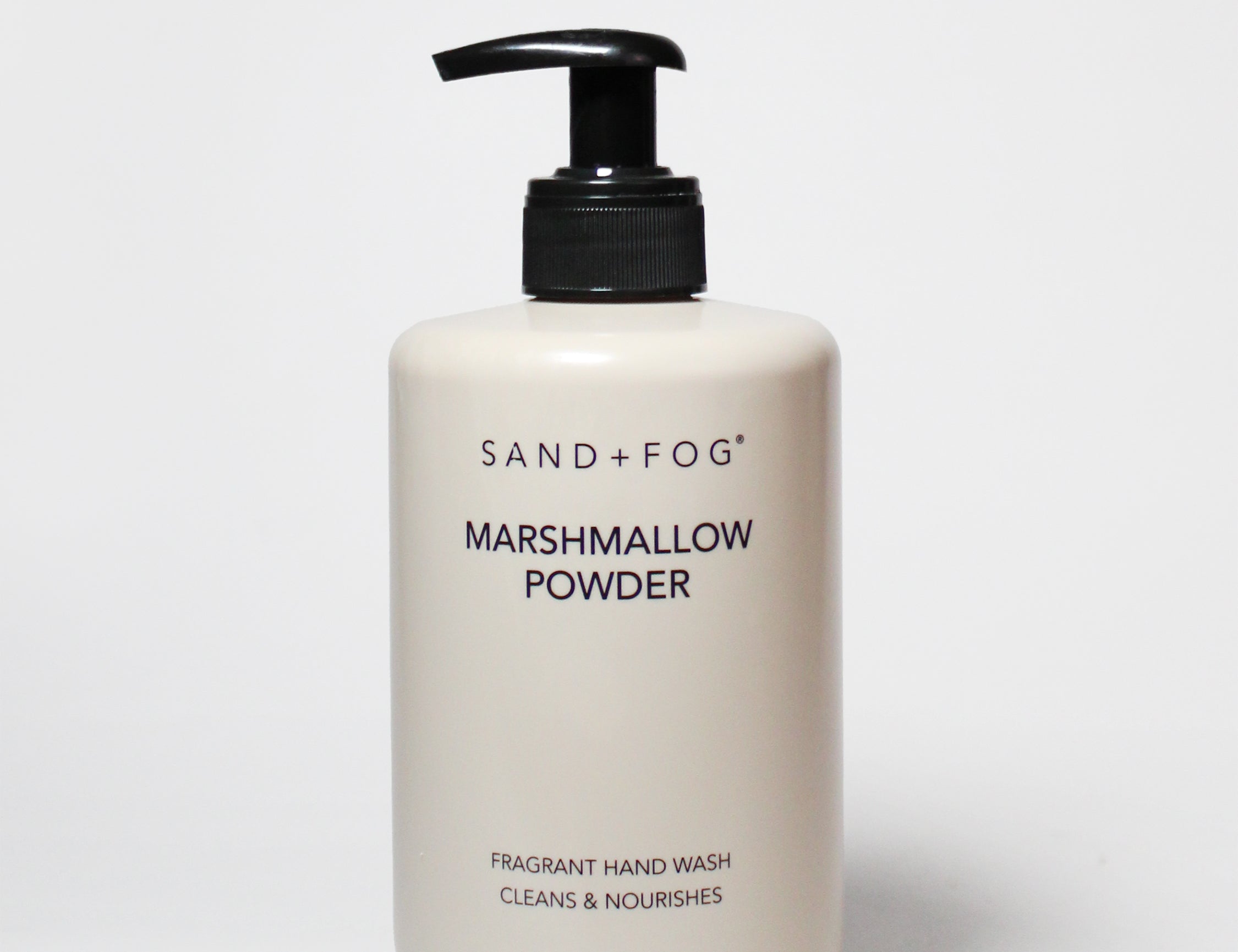 Liquid hand soap bottle, white with black pump, Marshmallow Powder scent by SAND+FOG