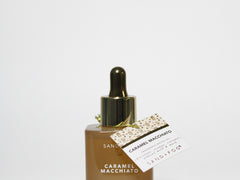 Caramel Macchiato perfume oil dropper bottle, amber glass and gold cap, side label
