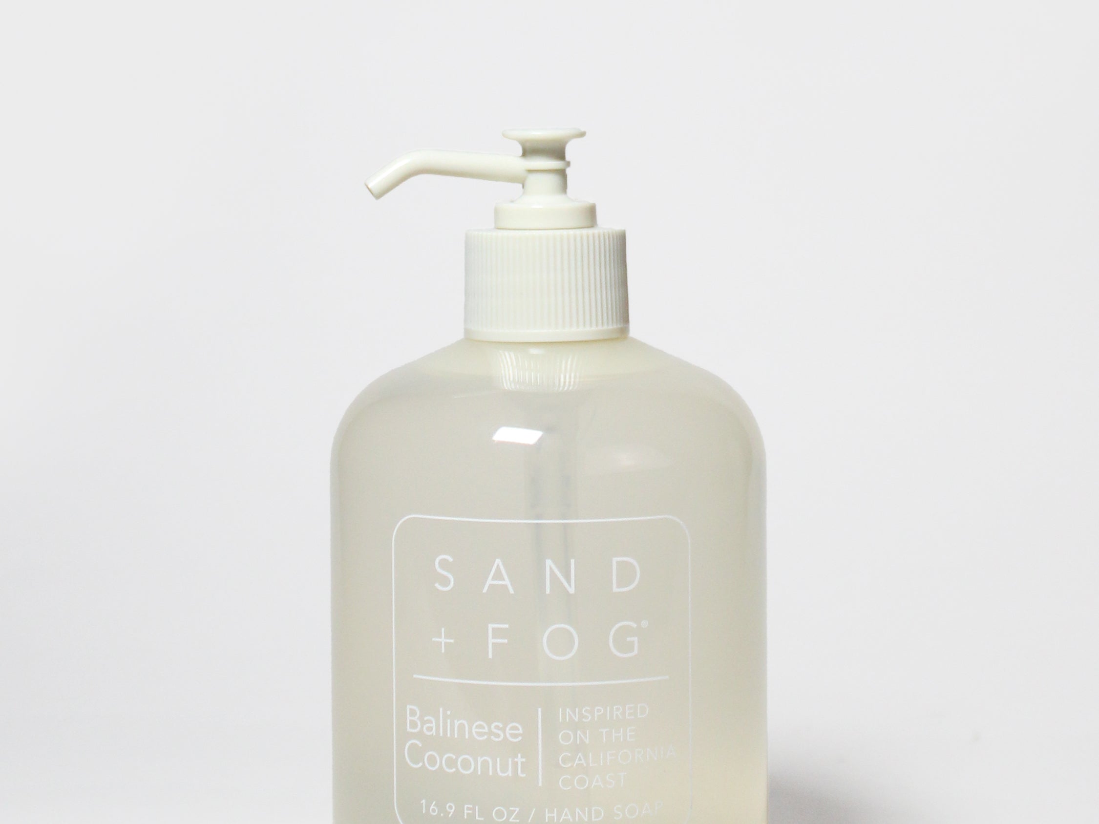 Liquid hand soap bottle with white pump, Balinese Coconut scent, SAND + FOG label