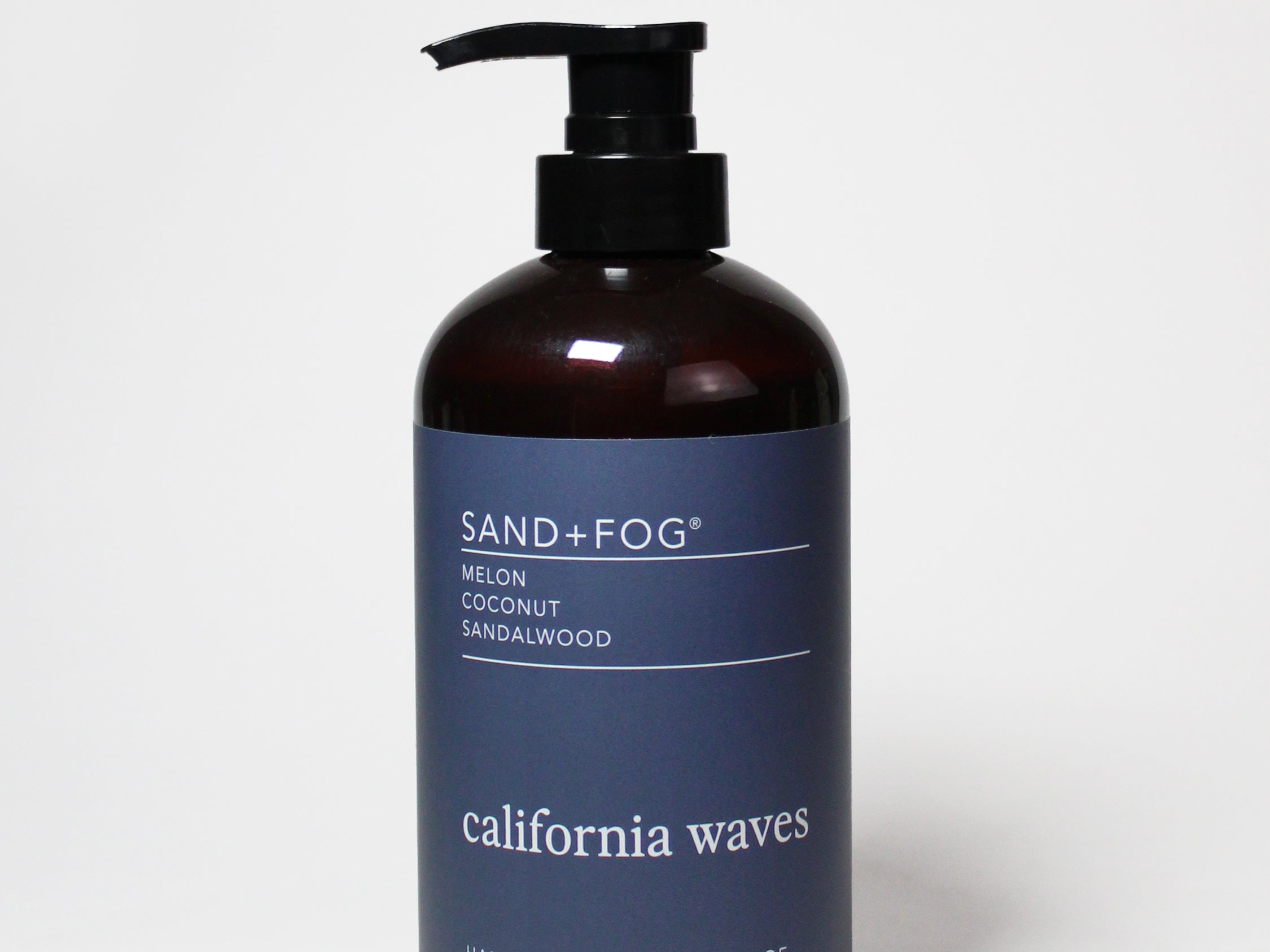 Liquid hand soap bottle with black pump, dark brown glass, label reads California waves
