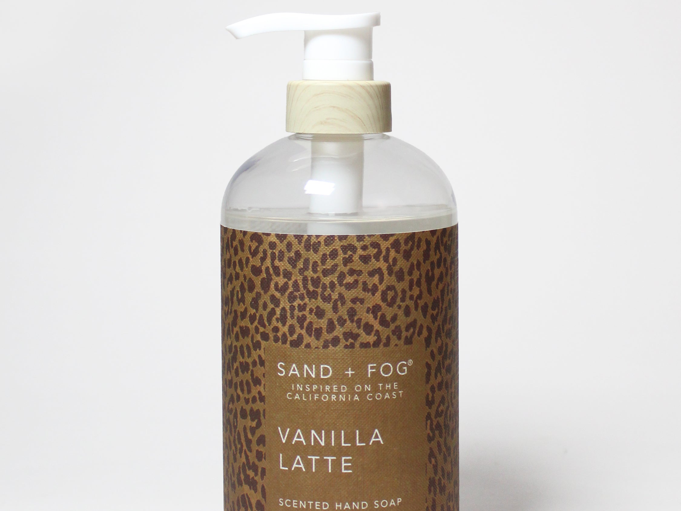 Sand + Fog vanilla latte scented liquid hand soap, clear bottle with pump, 20 oz