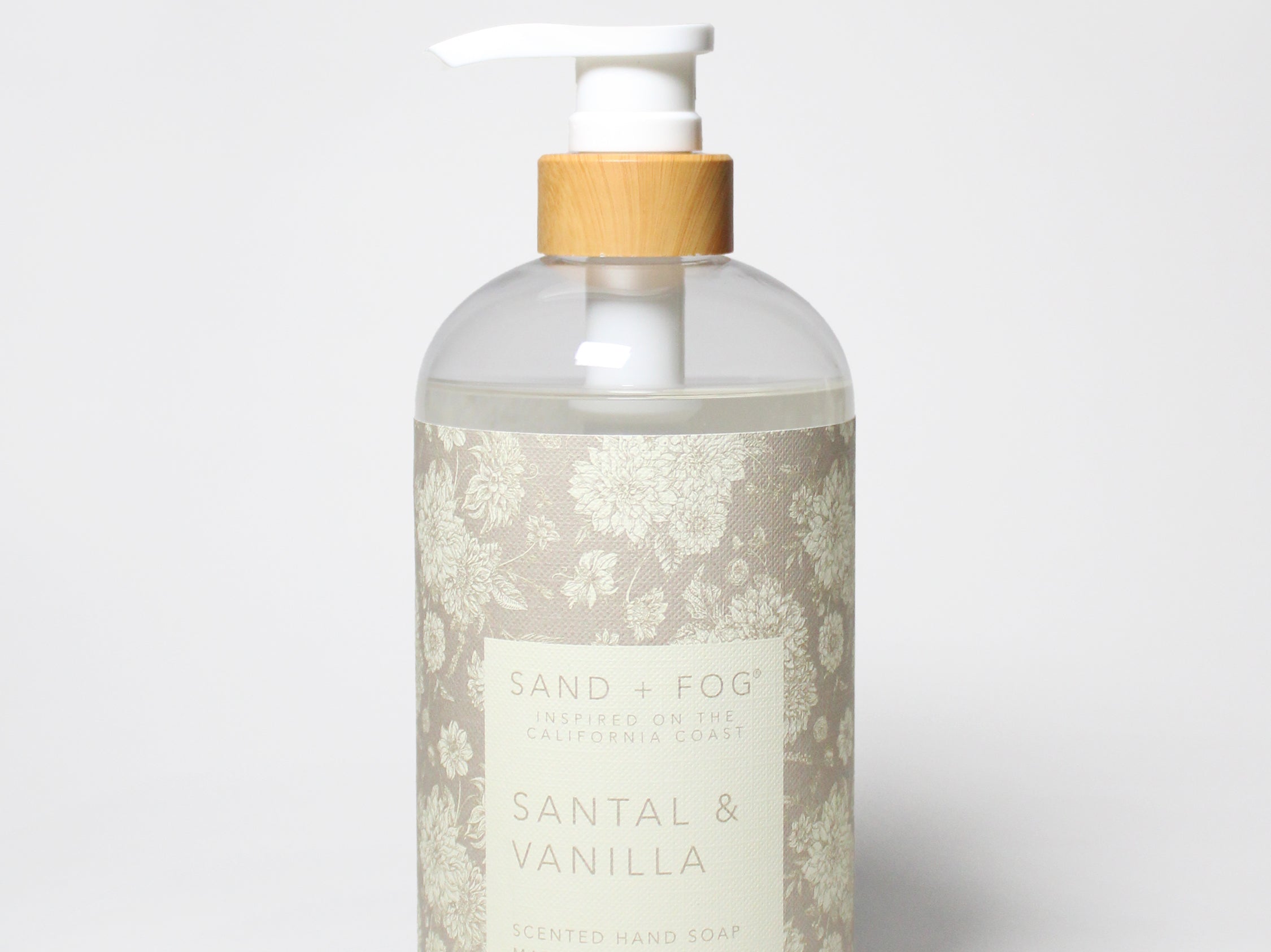 Liquid hand soap bottle with pump, Sand & Fog Santal & Vanilla, translucent beige label