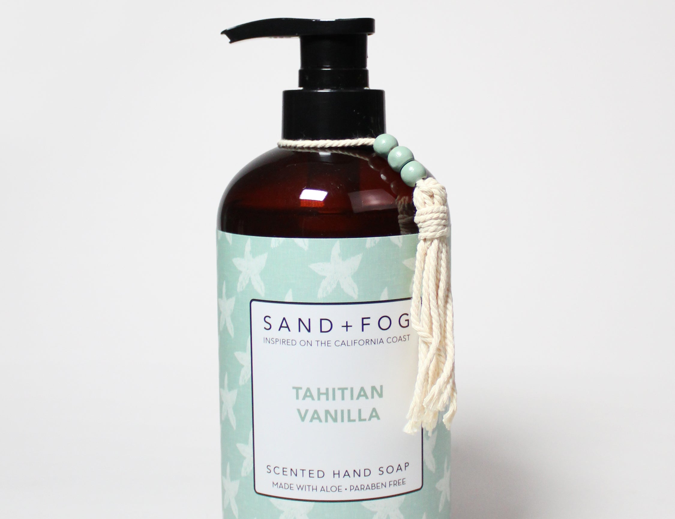 Liquid hand soap pump bottle, Tahitian vanilla scent, amber glass with black dispenser