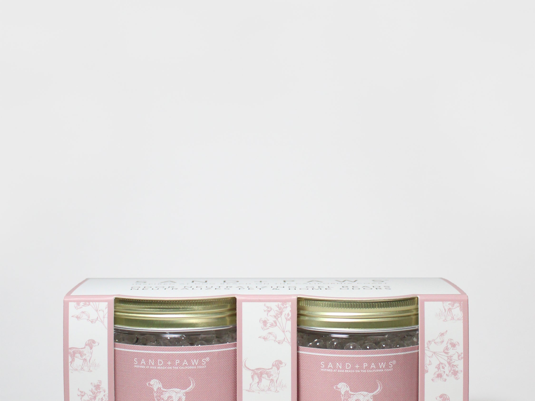 Cashmere & Linen gel scent beads 2-pack with two labeled jars in pink box