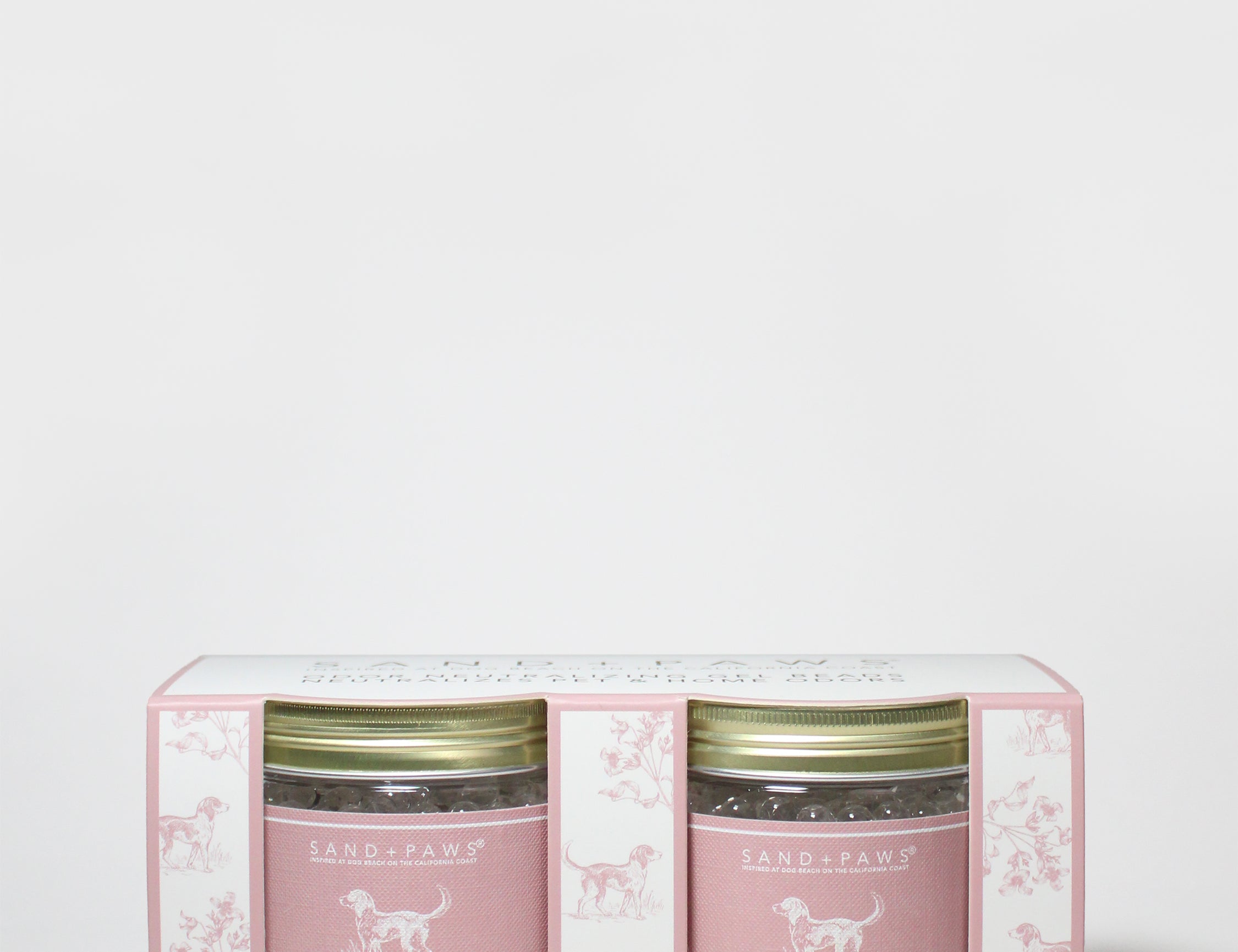 Cashmere & Linen gel scent beads 2-pack with two labeled jars in pink box