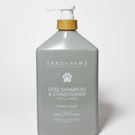 Sand + Paws dog shampoo & conditioner bottle with pump, oatmeal & aloe