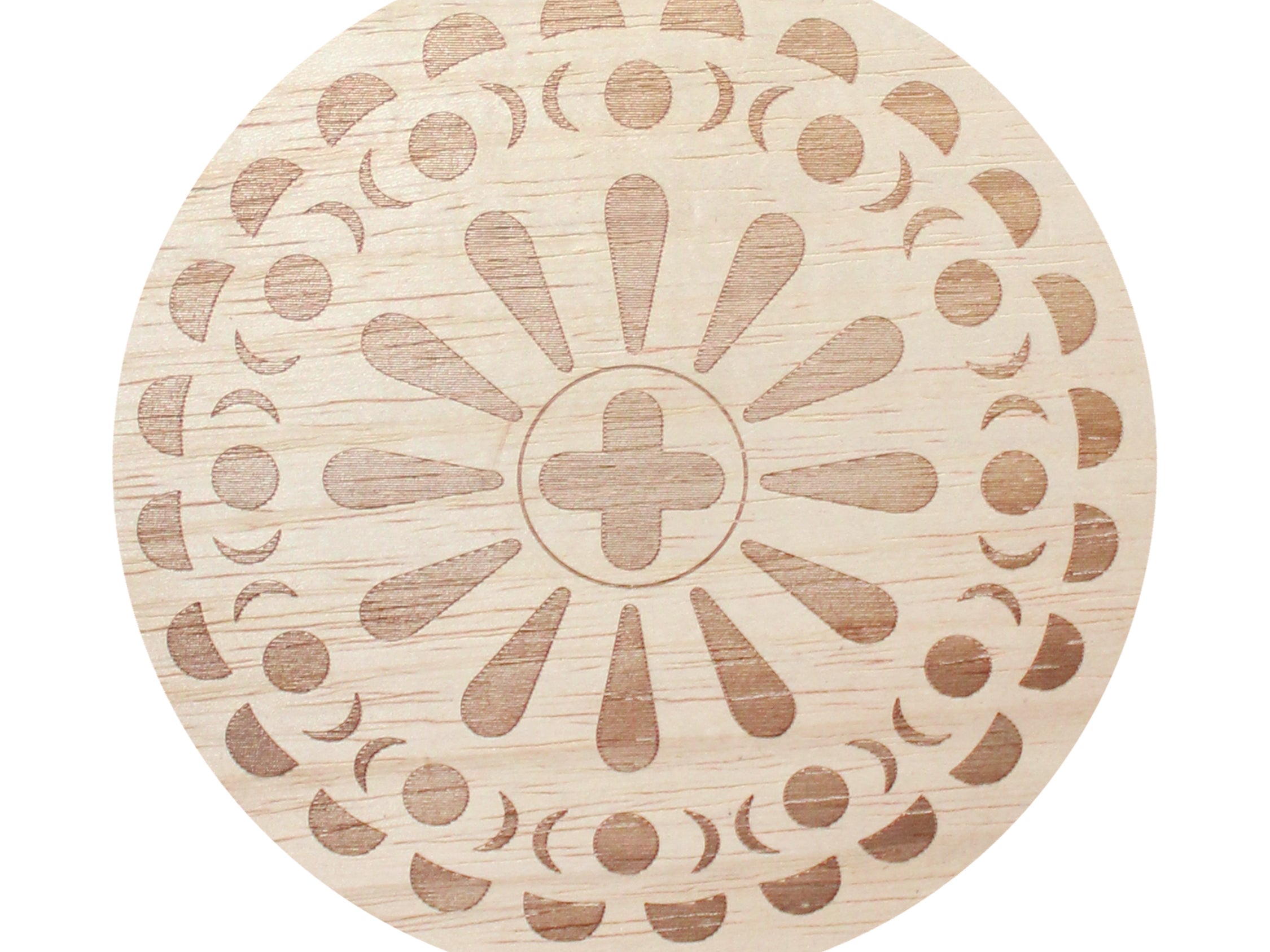 12 oz scented candle lid with embossed circular floral pattern in light wood tone