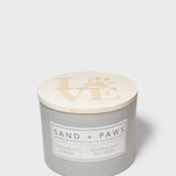 Sandalwood verbena scented candle with LOVE paw lid and front label