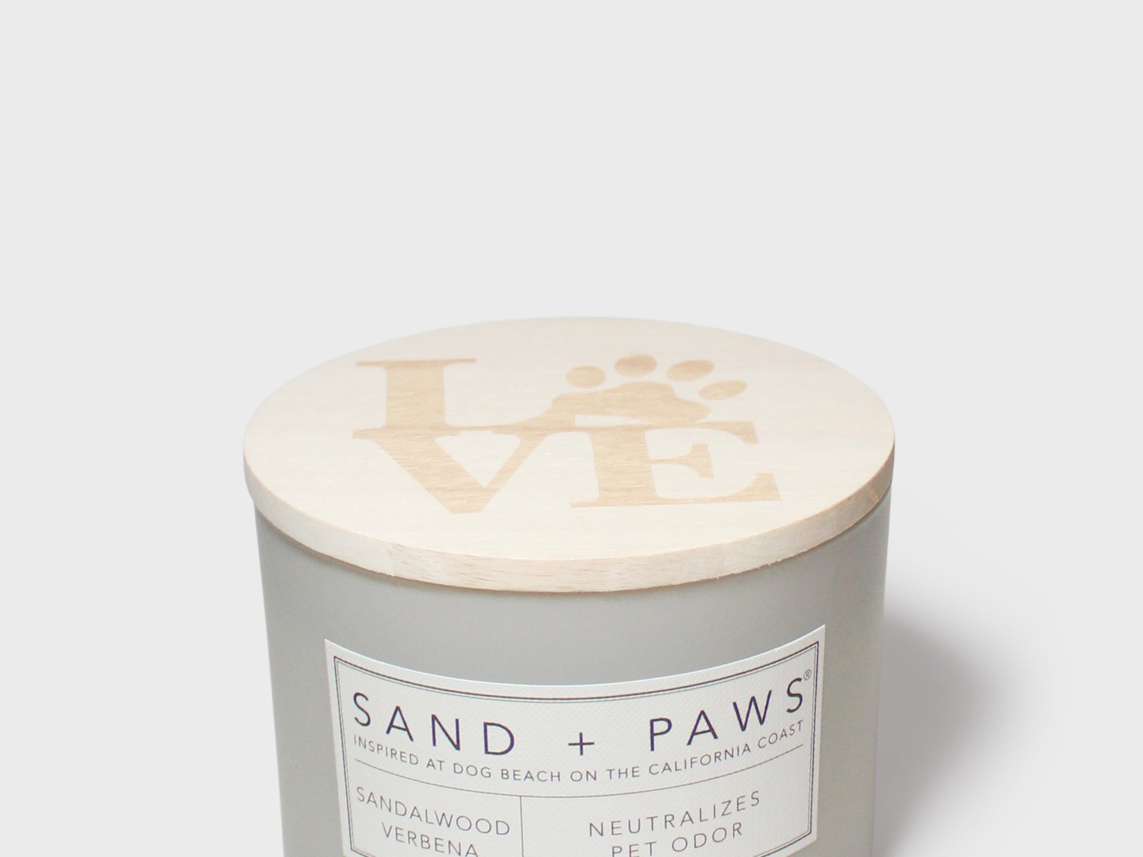 Sandalwood verbena scented candle with LOVE paw lid and front label