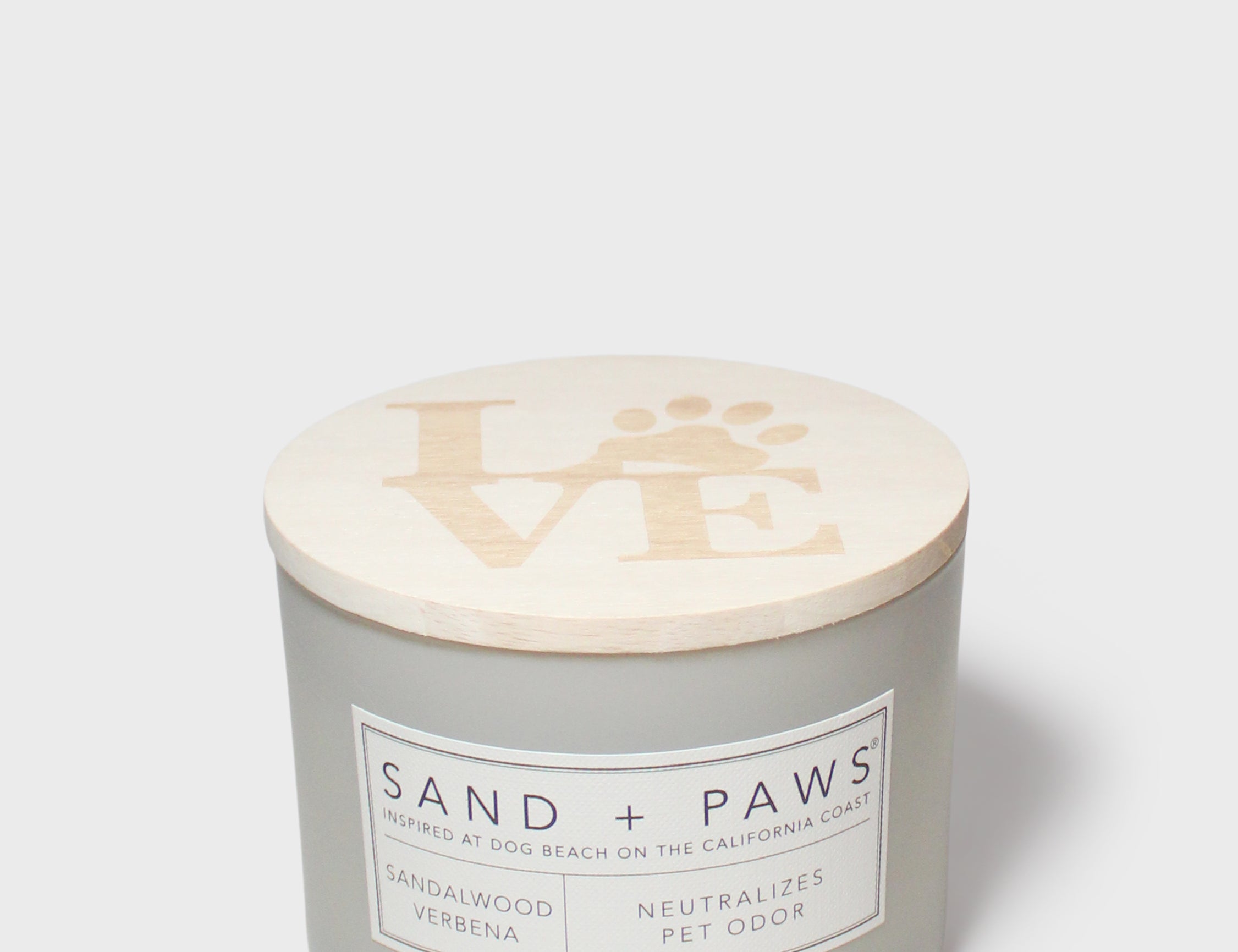 Sandalwood verbena scented candle with LOVE paw lid and front label